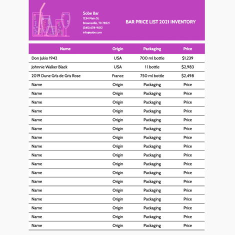 Bar Price List